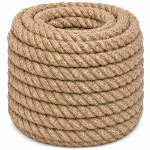 Natural Jute Hemp Rope (2 Inch x 65 Feet) Heavy Duty Manila Rope for Docks, Railings, Landscaping, Tug of War, Decorating - size: 2 Inch x 65 Feet
