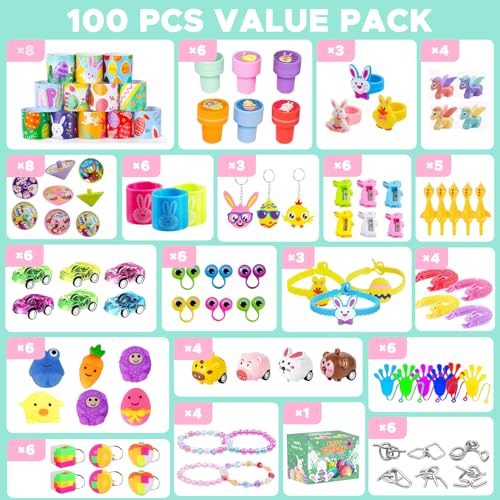 100PCS Prefilled Easter Eggs with Novelty Toys, Plastic Easter Egg Fillers Toys Bulk for Easter Egg Hunt, Easter Basket Stuffers for Kids Toddler Boys Girls Goodie Bag Easter Eggs Filled Party Favors