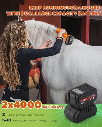 Cordless Horse Clippers for Ponies, Cattle & Large Dogs | Includes 2x 21V 4Ah Lithium Batteries & 6-Speed Adjustment. Professional Cordless Kit for Heavy-Duty Livestock Grooming