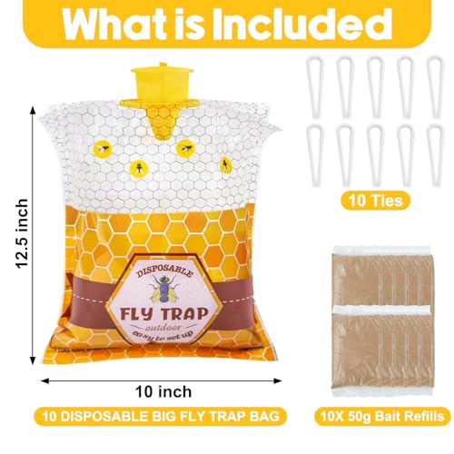 Large Hanging Fly Traps Outdoor with Dissolvable Bait Refills-10 Pack | Disposable 50g Pre-Baited Fly Hunter, Weatherproof Outdoor Fly Bags, Fly Catcher for Chicken Coop Barn Ranch Farm - size: 10 Packs
