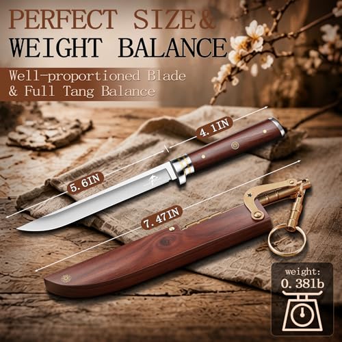 Purple Dragon Japanese Fixed Blade Knife with Wooden Sheath | Full Tang Camping Knife with Rosewood Handle, Built for Survival, Bushcraft & Outdoor Use, Gifts for Men