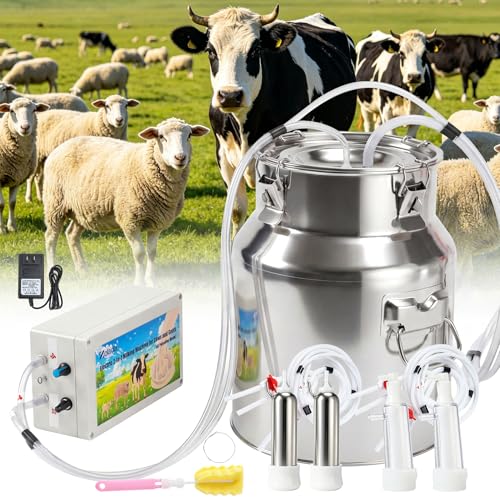 Upgraded 14L 2-in-1 Cordless Electric Milking Machine for Goats, Cows & Sheep, 304 Food-Grade Stainless Steel Bucket, Adjustable Suction Pulsation Vacuum Pump Milker with 4 Teat Cups, Portable Milker