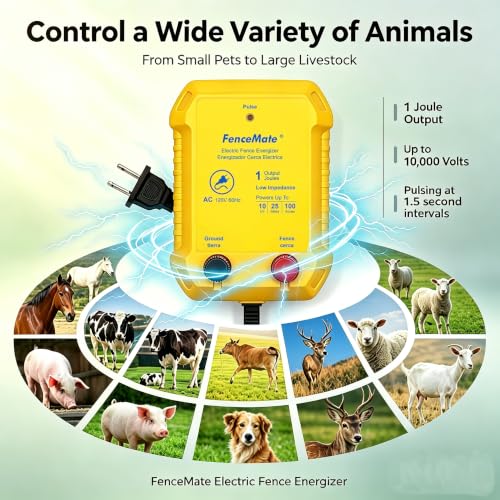 FenceMate AC Powered Electric Fence Charger Output 1J up to 25 Miles | to Contain Livestock, Poultry, Low Impedance Fencer to Protect Homestead, Garden, Pond, Orchard,Fence Energizer Peak 10 kV