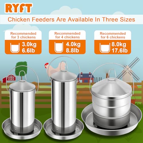 RYFT 8.8 lb Chicken Feeder, Stainless Gravity-Fed No Waste Poultry Feed, Weatherproof Construction with Handle for Chicken Coops, Duck Farms, and Goose Farms - size: 8.8lbs