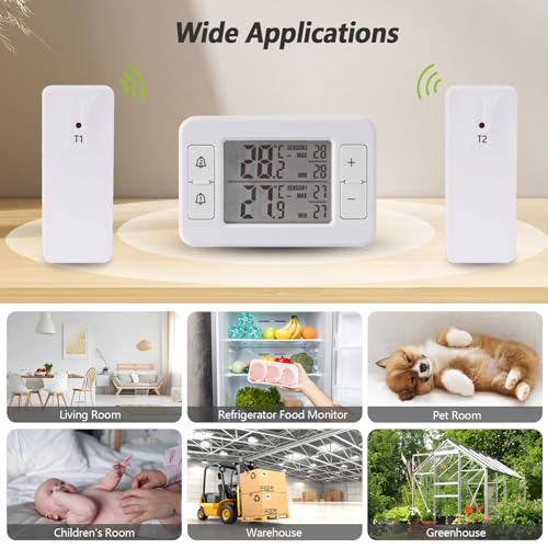 Refrigerator Thermometer, Digital Freezer Thermometer with 2 Wireless Temperature Monitor Sensors, Big LCD Display, Min/Max, Audible Alarm for Home Restaurants Fridge