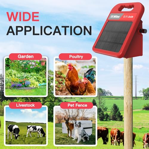 Solar Electric Fence Charger-0.11J-10 Miles, Maximum Output Voltage 8100V- Provide 24-Hour Uninterrupted Protection for Livestock and Yards with Rechargeable Solar Panel Red