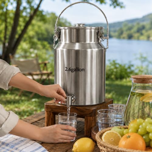 304 Stainless Steel Milk Can with Spigot, 2.6 Gallon Metal Water Dispenser, 10L Steel Water Tank & Stainless Steel Beverage Dispenser, Heavy Duty Drink Dispensers for Milk, Wine, Oil - size: 2.6 Gallon