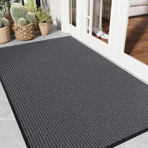 Front Door Mat, 3' x 5' Heavy Duty Door Mat Outside Entrance, Non-Slip Welcome Mat, Absorbent & Dirt Resistant, Low Profile Large Door Mats, Commercial Rugs for Entryway Indoor Outdoor, Grey - color: Grey Striped, size: 3' x 5'