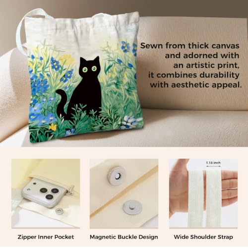 Cute Canvas Tote Bag for Women, Book Totebag with Zipper Pocket - color: Blact Cat Art