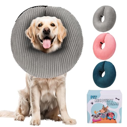 BINGPET Inflatable Dog Cone Collar,Dog Neck Donut Alternative After Surgery | Soft Cone for Large Medium Small Dogs Cats, Recovery E Collar to Stop Licking Pets from Injury, Lightweight Breathable Cotton - color: Grey, size: L(Neck: 16"-18" | Diameter: 19