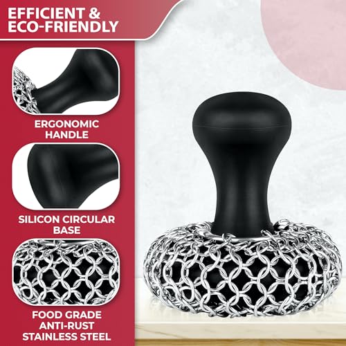 316L Chainmail Scrubber Cleaner Kit - Chain Scrubber with Long Grip Handle | Zylark Chain Mail Scrubber Cast Iron - Cast Iron Skillet Scrubber - Chain Scrubber with Long Handle - style: Black CIS with Scraper (Handle)