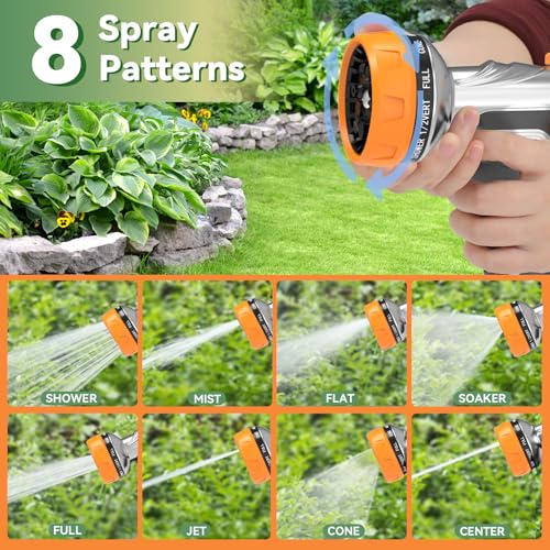 Garden Hose Nozzle, Heavy Duty Metal Water Hose Nozzle with 8 Adjustable Spray Patterns, High Pressure Hand Sprayer with Flow Control for for Garden Watering, Car & Pet Washing - color: Orange
