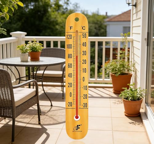 Large 10.5 Inch Vertical Wooden Thermometer | Indoor & Outdoor Use, -20°F to 120°F/-30°C to 50°C, Battery-Free, Weatherproof, Easy to Read & Ready to Hang