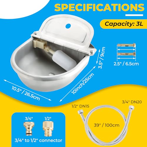 NATGAI Automatic Animal Drinking Water Bowl with Float Valve, 304 Stainless Steel Auto Filling Water Dispenser, Dog Water Bowl Dispenser Kit for Outdoor Farm, Ranch, Goat, Horse, Poultry, Livestock