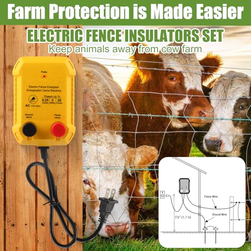 Electric Fence Charger Kit 0.25J 5 Mile 50 Insulators 250ft Wire | 110VAC Plug in for Poultry Pets, Socket Tool, Aluminum Conductor, Screw Mount, Garden Pond Orchard Protection - style: 0.25 Joule