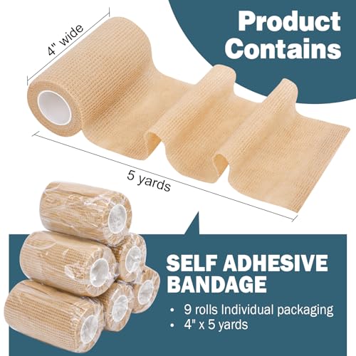 AZEN 9 Pack Self Adhesive Bandage Wrap, 4" X 5 Yards Elastic Cohesive Bandage Wrap, Skin Color Athletic Tape, Ankle Tape, Tattoo Grip Tape Wrap, Vet Wrap - color: Beige, size: 4IN - 9Pack