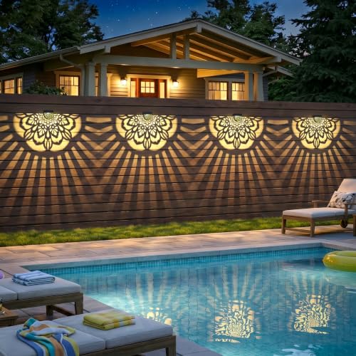 Gardsee Solar Fence Lights 6 Pack Solar Deck Lights Waterproof LED Solar Powered Step Light Wall Lights Outdoor Decorations Warm Yellow Light Decorative Lighting for Garden (Black 2) - style: flower
