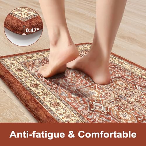 KIMODE Anti Fatigue Fall Kitchen Mats, Boho Distressed Kitchen Floor Mats | 17"x47"+17"x29", Non Slip Waterproof Kitchen Rugs, Padded Comfort Standing Mats for Laundry, Office, Sink, Desk Orange Multi - color: Orange, size: 17.3" x 47"+17.3" x 29"--0.47 i