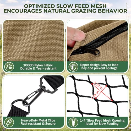 1 Pack Slow Feed Hay Bag for Horses & Donkeys, 23 x 19 in | 1000D Heavy Duty Fabric, 1.34 In Diamond Mesh, Easy Fill Top Design, Adjustable Hanging Straps, Ground or Hanging Feeding
