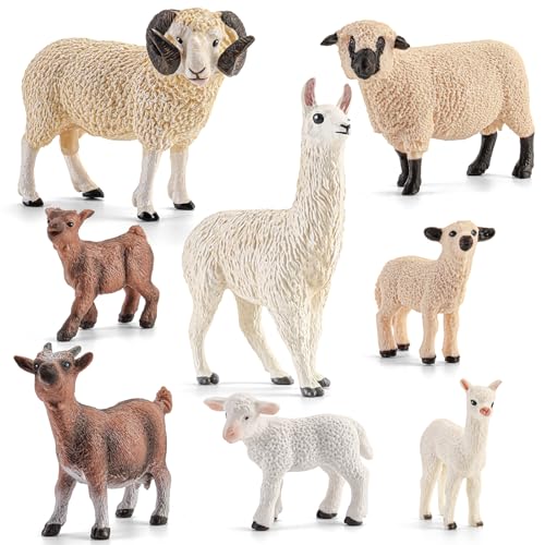 8PCS Realistic Sheep Goat Figurines Alpaca Figures Llama Figurines | Solid Farm Animals Toys for Toddlers 3-5, Educational Animal Family Set for Kids, Cake Toppers Party Favors for Boys Girls - style: Sheep Goat Alpaca