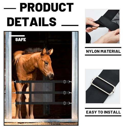Stall Guards for Horses 57 x 18 Inch Adjustable Nylon Mesh Gate with 6 Snap Hooks and Screw Eye Hardware Black Barn Door Barrier for Stable Entry Portable Equine Stall Opening Access Divider
