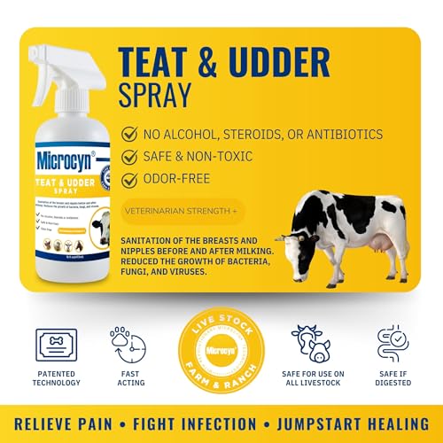 Microcyn Livestock Teat & Udder Spray – 16 oz HOCl-Based Cleansing Spray – Supports Skin Comfort & Moisture for Dairy Cattle, Goats & Livestock