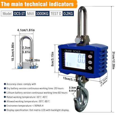 Digital Crane Scale,2200lb/1T Heavy Duty Digital Hanging Scale,Crane Scale Industrial with Remote Control and LCD Screen,High Precision Electronic Weighing Crane Scale for Market,Factory,Construction - size: 1T