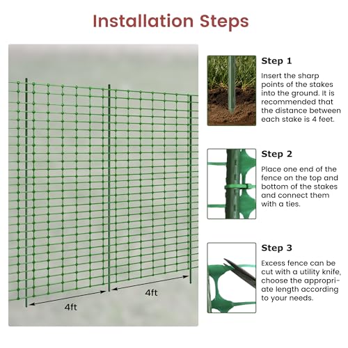 Temporary Plastic Fence 40" x 100' with Posts, Movable Snow Barrier Fencing | Cut-to-Fit Plastic Mesh Roll with 25 Steel Stakes, Weather-Resistant, For Garden, Yard, Pool, Lawn, Deer Control, Dog Safety