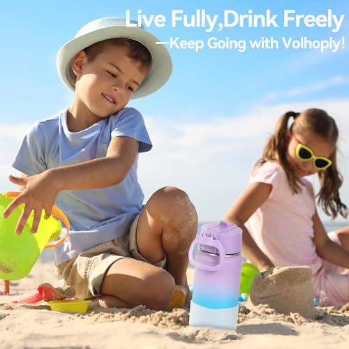 Volhoply 14oz KIds Stainless Steel Insulated Leakproof Bottles Water Bottle with Straw Lid and Silicone Boot,BPA-Free Easy Use for Boys&Girls,Double Wall Vacuum Bottles(Purple Blue,1) - color: Purple Blue