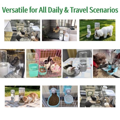 Automatic Rabbit Feeder and Water Dispenser Set,54oz Gravity Food Feeder&17oz Leak-Proof Water Bottle for Guinea Pigs,Hamsters,Chinchillas,Ferrets, Small Animals,Cage Mount Feeding Station Grey