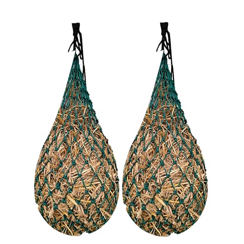 Majestic Ally 2 pcs Slow Feed 42” Hay Net for Horses, Strong Small 2x2” Holes, Nylon Rope Hanging, Adjustable Travel Feeder for Trailer and Stall, Simulates Grazing, Reduce Waste - color: Hunter Green