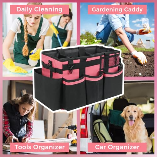 SCAVATA Wearable Cleaning Caddy, Cleaning Caddy Supplies Organizer with Handle & Shoulder Straps for Housekeepers, Under Sink & Car Cleaning Tool Organizers Bag with 4 Foldable Divider (OleanderRed) - color: OleanderRed