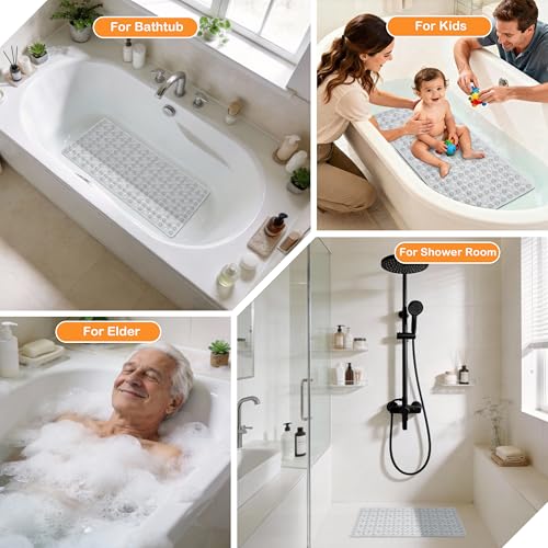 Yimobra Bathtub Mat Non Slip, 27.5"X15.5" Machine Washable Shower Floor Mat, Soft on Feet, Bath Mat with Drain Holes and Suction Cups, Bathroom Essentials, Clear - color: Clear, size: 27.5 X 15.5 Inch