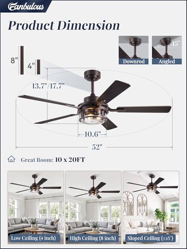 Fanbulous 52" Farmhouse Ceiling Fan with Light and Remote App, DC Motor | Rain Glass Shade, 6-Speed Reversible, Downrod Mount, Double-Sided Blades for Bedroom, Living Room Oil Bronze - color: Oil Rubbed Bronze