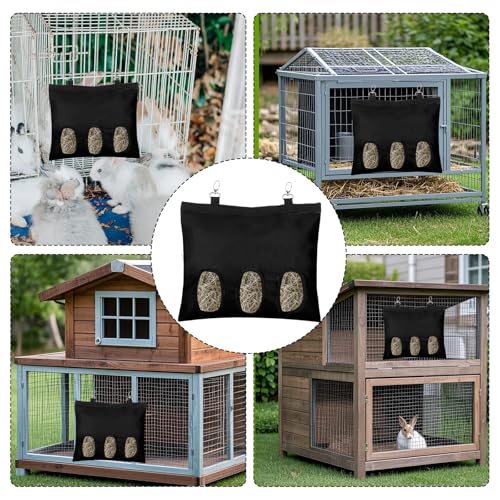 2PCS Rabbit Hay Feeder,3 Hole Hay Bag for Rabbits, Washable Hanging Small Animal Feeder for Guinea Pig Bunny Chinchillas Hamsters and Other Pets - color: Black