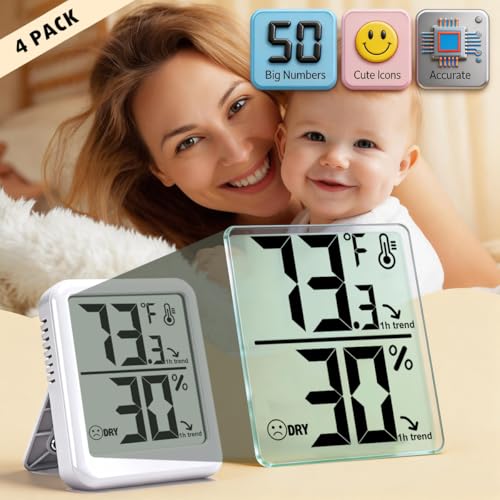 4 Pack Room Thermometer Indoor Hygrometer Humidity Gauge Meter | W/ Battery, Accurate Sensor, Monitor Temperature & Humidity, Fast Read, Easy To View, Durable Kickstand, ℉/℃, Small Size - color: White - Upgraded Version