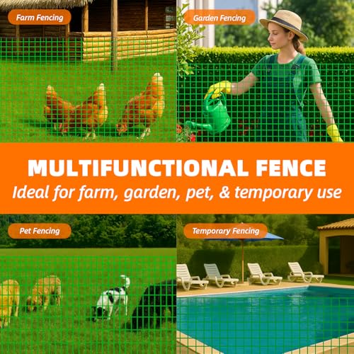 Temporary Fencing, 3' x 50' Portable Dog Fence with 10 Step-in Posts | Ground Stakes & Wind Ropes, Plastic Mesh Snow Safety Barrier for Garden, Backyard, Yard & Outdoor Animal Protection (Green)