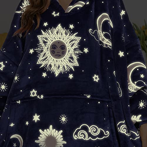 THREE POODLE Wearable Blanket Hoodie, Glow in The Dark Oversized Hoodie Blanket, Sherpa Hooded Blanket Sweatshirt for Adults Women Men Kids, Cozy Gifts - color: Luminous Blue Star, size: Adult-Extra Long