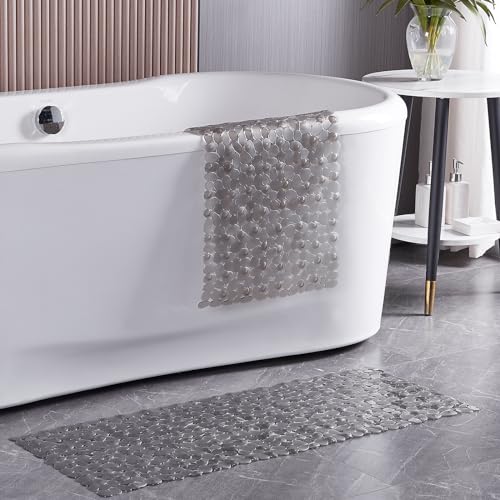 Webos Bath Shower Mat Non Slip: Extra Large Pebble Bathtub mat for Families, Anti Slip Shower Matt with Drain Holes Suction Cups Tub Mat - 16 X 40 Inch Clear Grey - color: Pebble Clear Grey