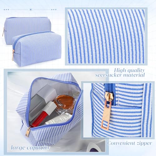 Sanwuta 20 Pcs Seersucker Cosmetic Bags Bulk, Striped Zippered,Blue | Makeup Bags Women Pouch, Large Preppy Storage Toiletry Travel Pouch for Wedding Bridesmaid Bride Favor Back to Teacher Gift - color: Blue