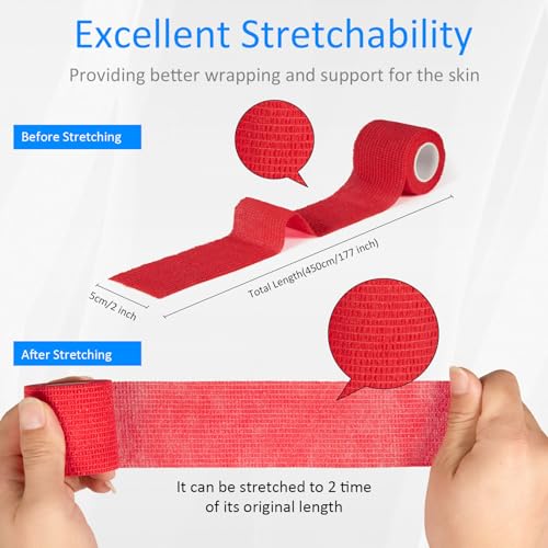 24Pcs Self Adherent Cohesive Bandages Wrap Self Adhesive 2 inch Red | Self Adherent Bandages Wrap First Aid Self Adhesive Bandage Elastic Sports Athletic Tape Wrist Ankle Pet Vet Wrap Grip Cover - color: Red, size: 24Pcs