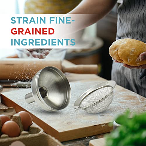 Zoie + Chloe 3-in-1 Stainless Steel Funnel Set - Kitchen Funnels with Detachable Fine Mesh Filter & Strainer for Filtering Herbs, Food Bits - Durable Stainless Steel - Ease to Use, Dishwasher Safe