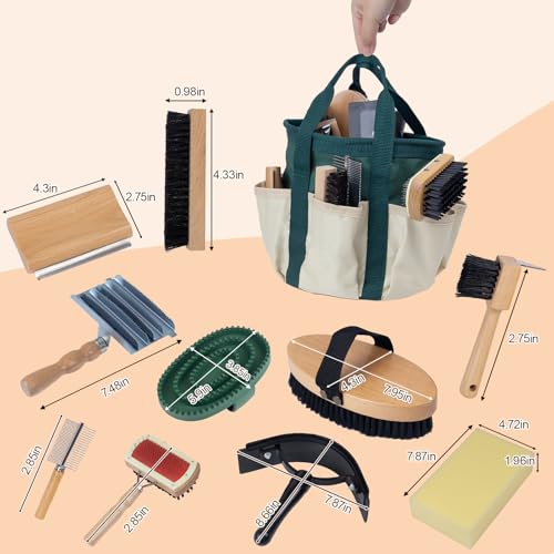 13-Piece Horse Grooming kit for Daily Care,Complete Horse Supplies Set with Wood Brushes, Tack Essentials, Curry Tools, and Practical Horse Accessories for Farm & Stable Use