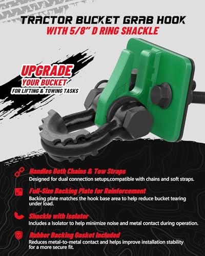 Tractor Bucket Grab Hook with 5/8" D-Ring Shackle Combo, Bolt-On Tow Hook and D-Ring Shackle, Matching Backing Plate, Rubber Gaskets & Isolators, 20000LBS Breaking Strength, 2 Set, Green&Black - color: Dark Green&Black