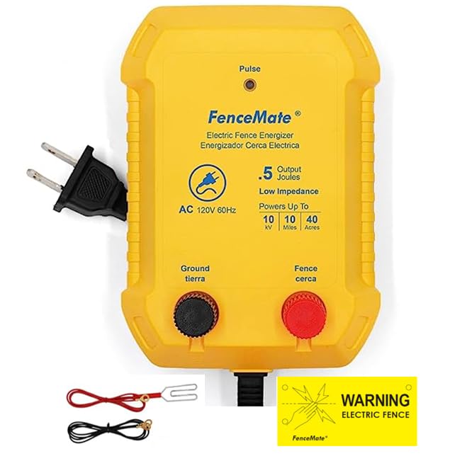 FenceMate AC Powered Electric Fence Charger Output 0.5J up to 10 Miles | to Constrain Poultry, Pet, Hobby Animal, Fencer to Protect Homestead, Garden, Pond, Orchard,Fence Energizer Peak 10 kV