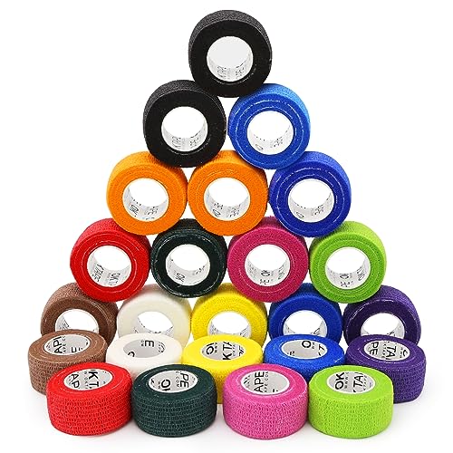 OK TAPE Self Adherent Cohesive Bandages Wrap 24Packs 1" x 5 Yards | Non-Woven Elastic for Thumb Finger Wrist Ankle Self Adhesive Bandage Wrap Breathable Vet Wrap Bandages Tape (Mixed Colors) - color: Mix Color 01, size: 1 In x 5 Yards