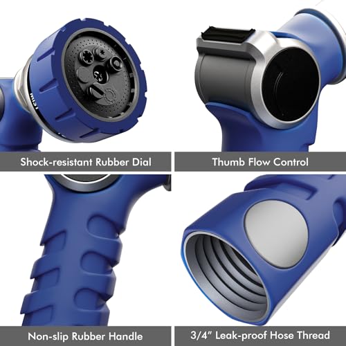RESTMO Heavy Duty Hose Nozzle, Metal Garden Water Hose Sprayer | 7 Watering Patterns, Easy Thumb Control, On Off Valve, Leak Proof Nozzle Sprayer for Watering Plants, Washing Car & Pet - color: Blue