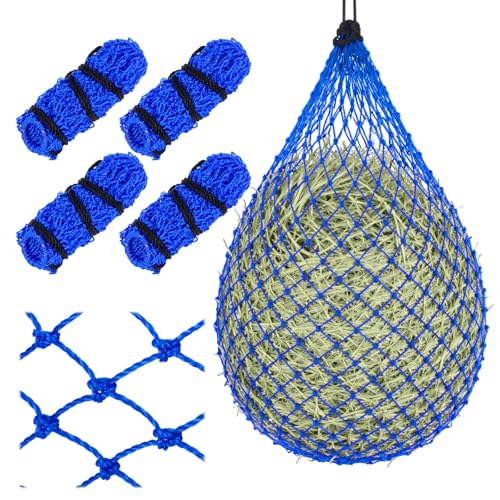 Windyun 4 Pcs Deluxe Ultra Slow Hay Feeder Nets, 42" Length with 1" Feeding Holes, Horse Supplies Heavy-Duty Top Loading Black Horse Hay Bag for Goats Sheep Livestock Barn Farm Feeding Tack(Blue) - color: Blue