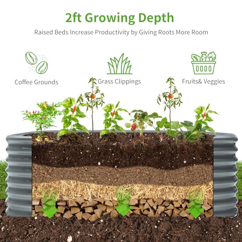 Land Guard 24“ Tall 4×2ft Galvanized Raised Garden Bed Kit, Galvanized Planter Garden Boxes Outdoor, Oval Large Metal Raised Garden Bed for Vegetables(Modern Gray, 4×2×2ft) - color: Modern Gray, size: 4×2×2ft