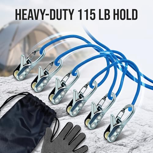 6 Pack Cam Buckle Tie Down Straps with Reflection Rope, 115LBS Break Strength Heavy Duty Tensioners, Adjustable Tent Guy Lines for Camping Cargo Securing Outdoor Activities, Includes 1 Pair Gloves